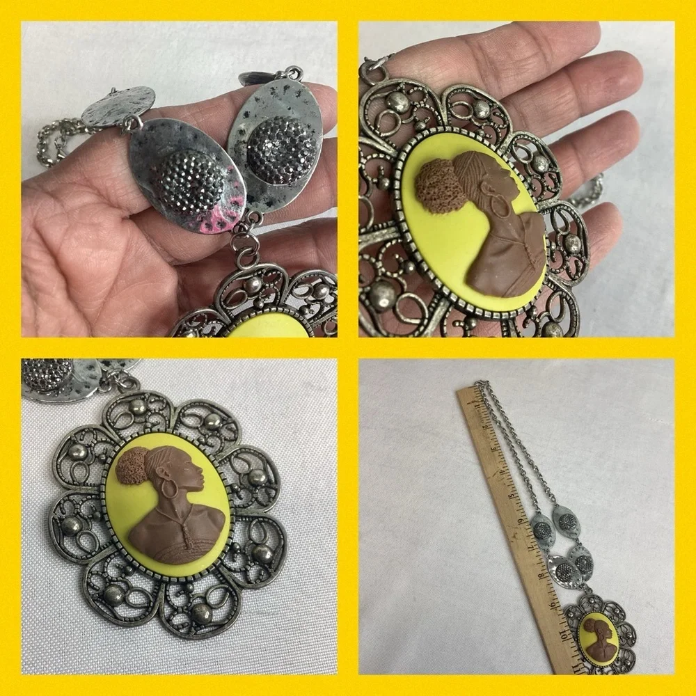 Yellow and silver cameo necklace.